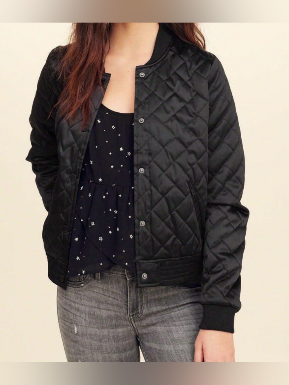 Hot! Hollister Diamond Quilted Black Bomber Jacket Snap Front Sz XL Standout